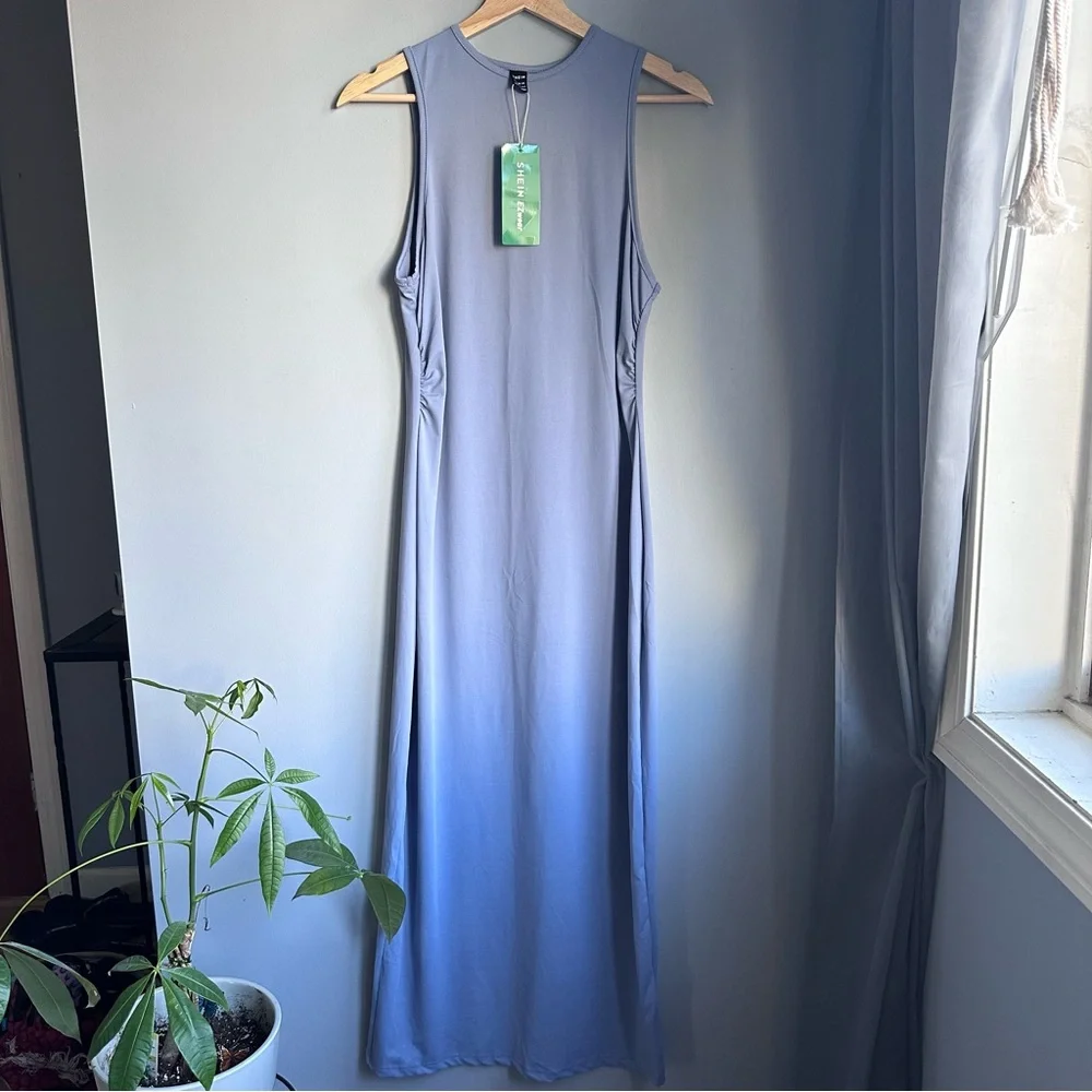 Dusty Blue Ruched Waist Tank Dress 🦋 - Picture 3 of 6